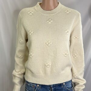 NWT Queenia Cream Pullover Sweater Floral Pearl Details Wool Blend SZ M
